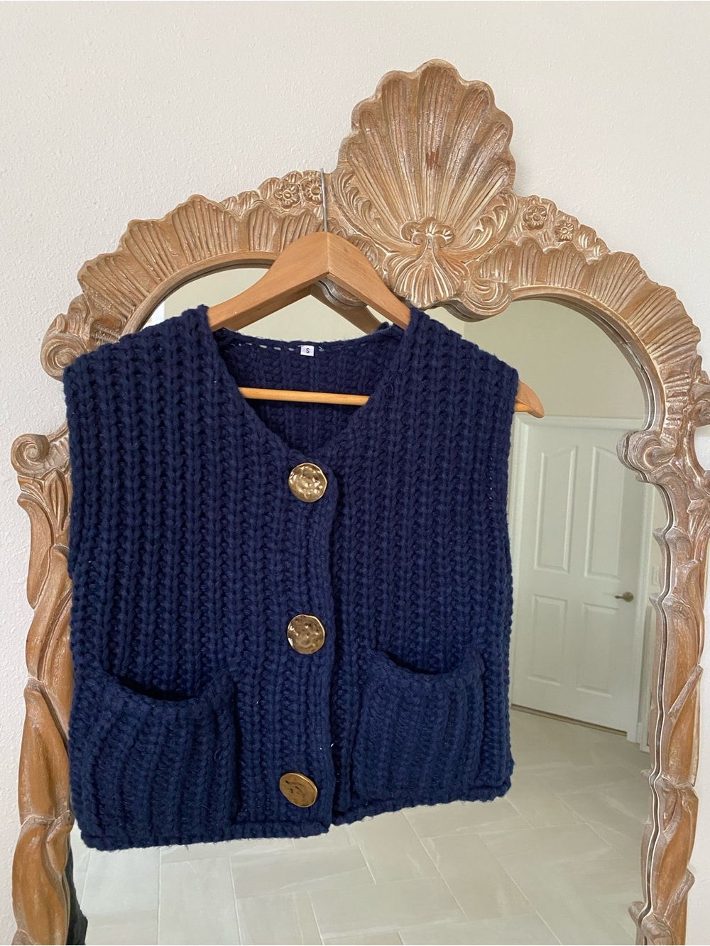 Chunky Knit Navy Button-Front Vest
